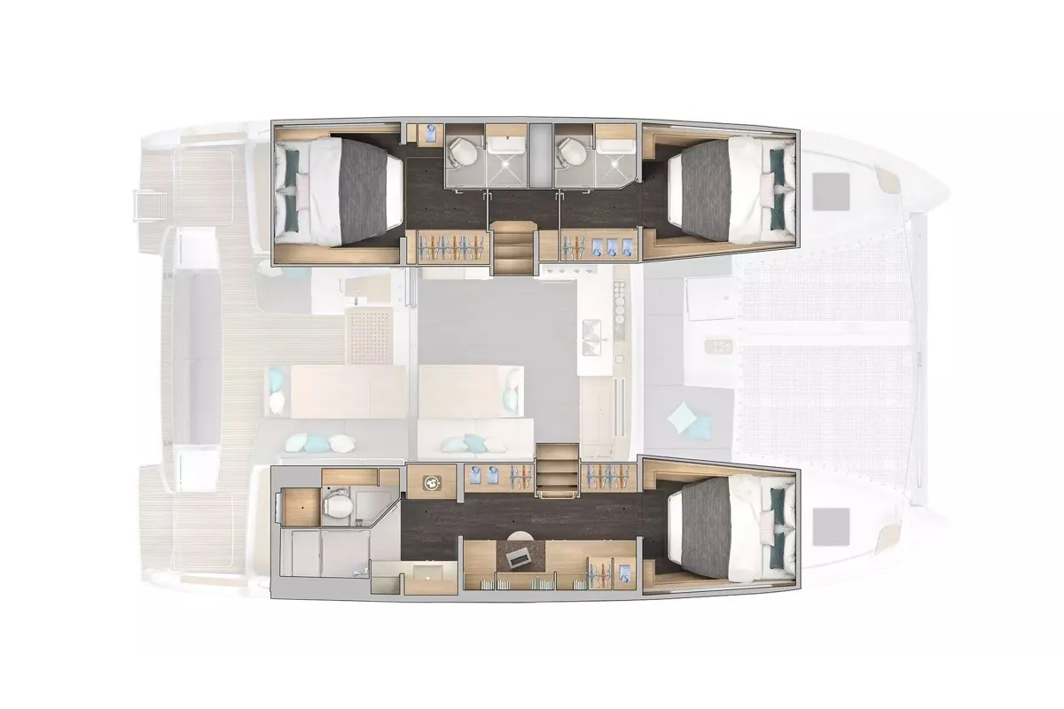 Floor plan of Calipso, a Lagoon 43 catamaran at Olbia, Italy