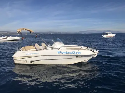 Exterior view of Benetau Flyer 550 Sun Deck, a Beneteau 550 Flyer motorboat at Grad Trogir, Croatia