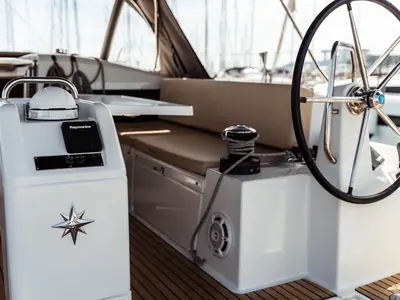 Cockpit of Malala, a Jeanneau Sun Odyssey 440 sailboat at Olbia, Italy