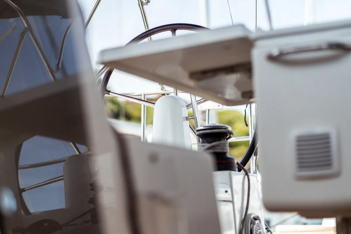 Cockpit of Malala, a Jeanneau Sun Odyssey 440 sailboat at Olbia, Italy