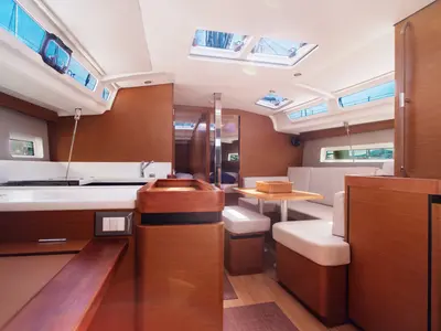Salon of Malala, a Jeanneau Sun Odyssey 440 sailboat at Olbia, Italy
