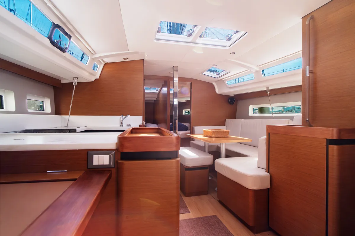 Salon of Malala, a Jeanneau Sun Odyssey 440 sailboat at Olbia, Italy