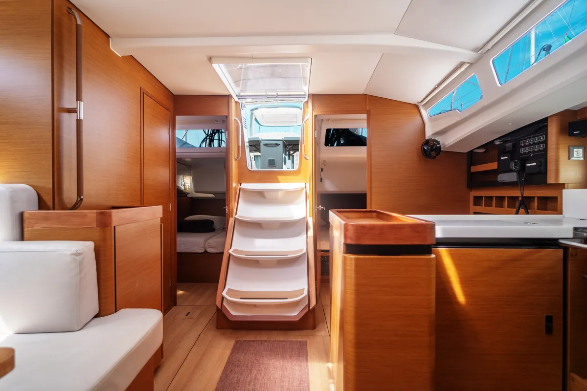 Salon of Malala, a Jeanneau Sun Odyssey 440 sailboat at Olbia, Italy