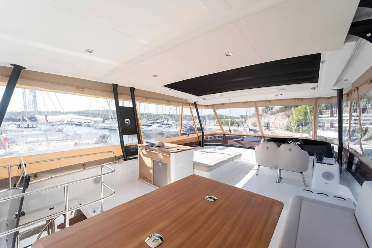 Deck of Family 2.0, a Fountaine Pajot MY6 catamaran at Grad Šibenik, Croatia