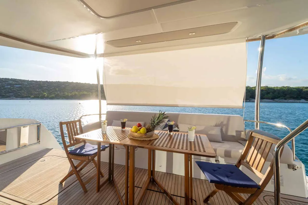 Deck of Family 2.0, a Fountaine Pajot MY6 catamaran at Grad Šibenik, Croatia
