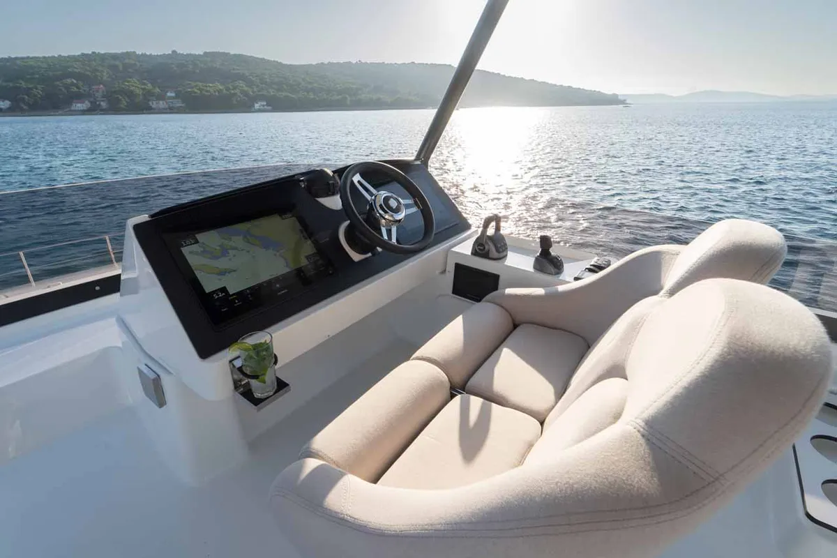 Cockpit of Family 2.0, a Fountaine Pajot MY6 catamaran at Grad Šibenik, Croatia