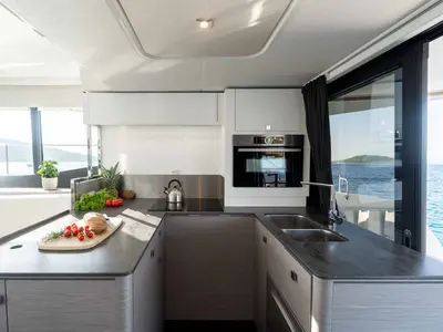 Galley of Family 2.0, a Fountaine Pajot MY6 catamaran at Grad Šibenik, Croatia