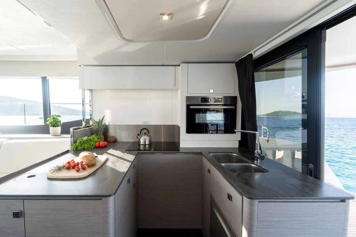 Galley of Family 2.0, a Fountaine Pajot MY6 catamaran at Grad Šibenik, Croatia