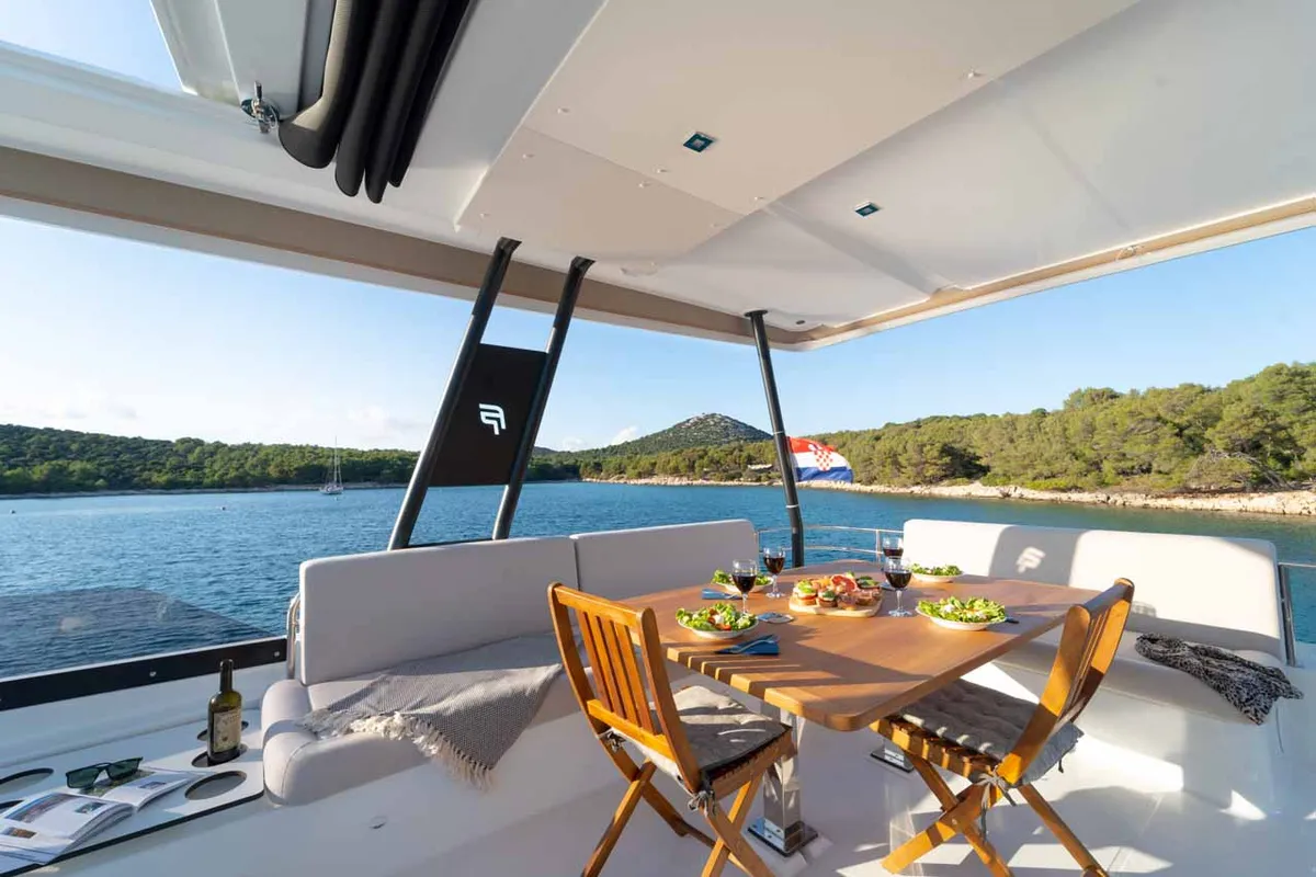 Deck of Family 2.0, a Fountaine Pajot MY6 catamaran at Grad Šibenik, Croatia
