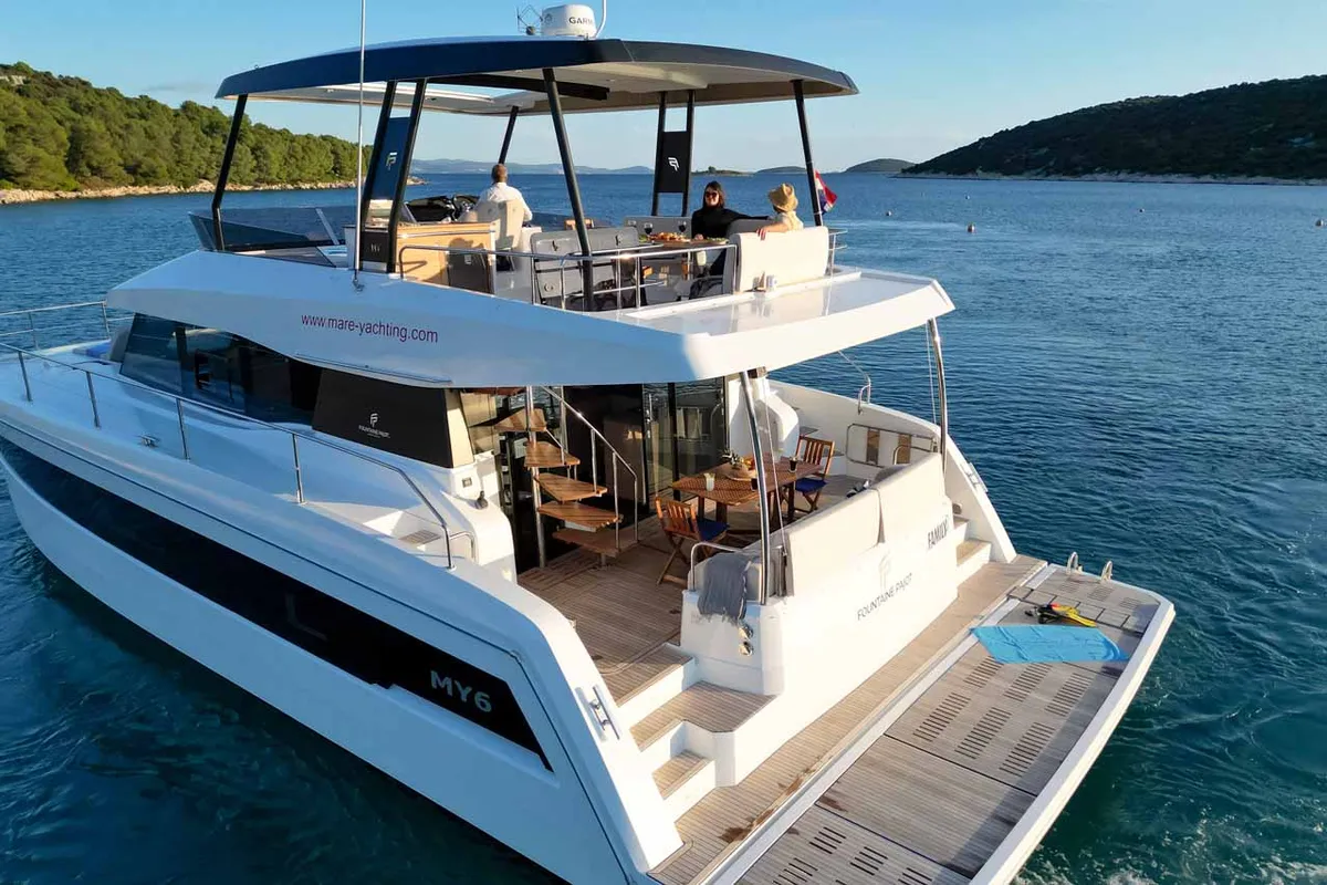 Exterior view of Family 2.0, a Fountaine Pajot MY6 catamaran at Grad Šibenik, Croatia
