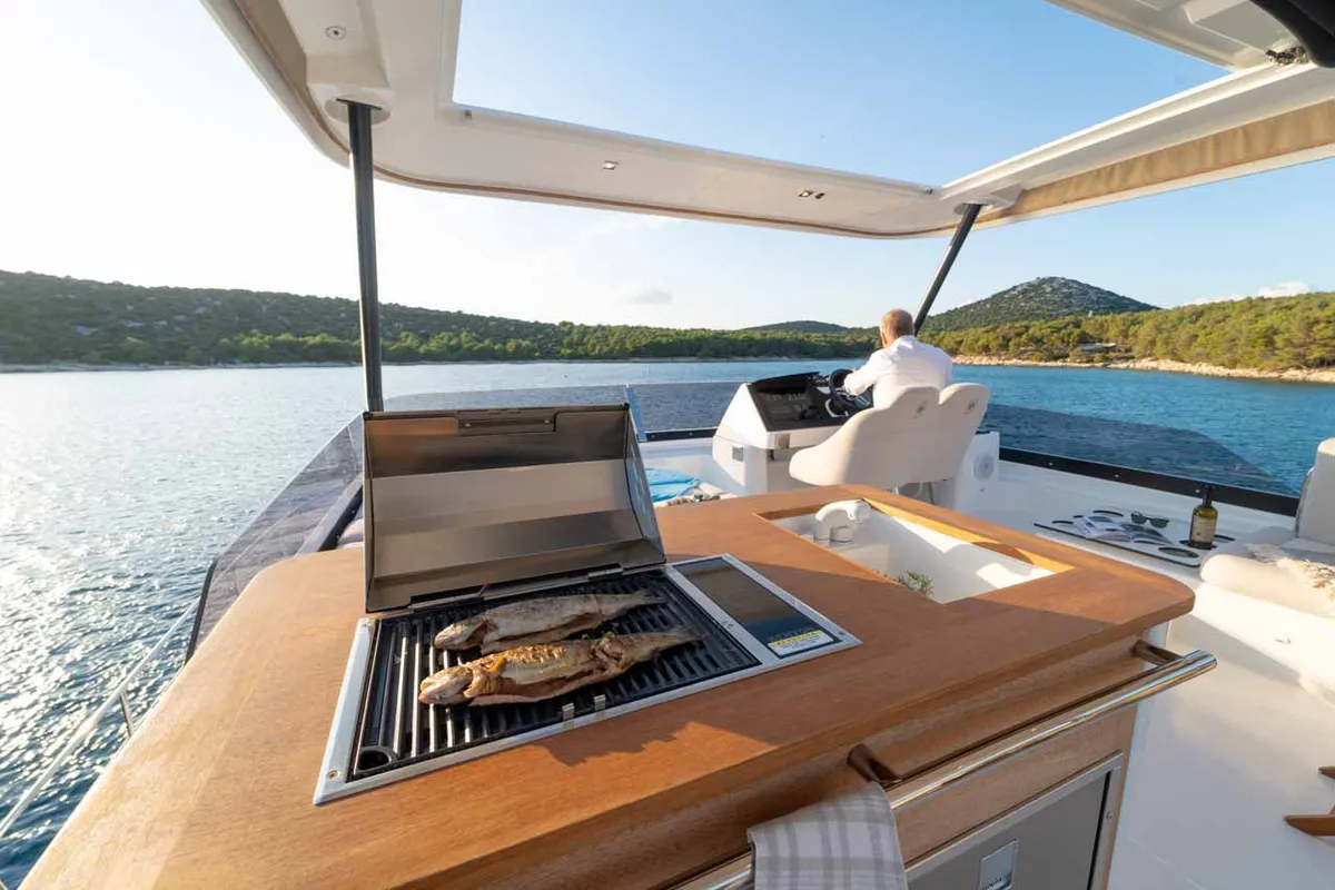 Deck of Family 2.0, a Fountaine Pajot MY6 catamaran at Grad Šibenik, Croatia