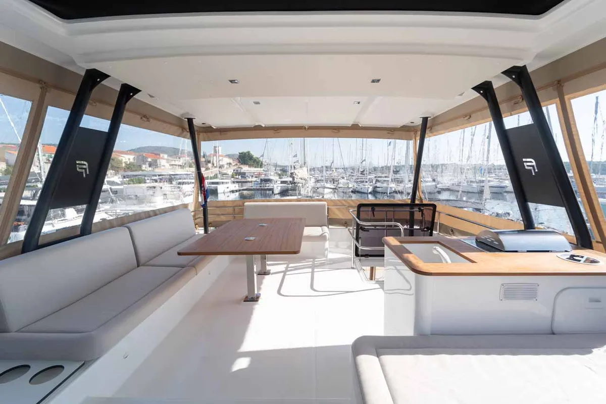 Deck of Family 2.0, a Fountaine Pajot MY6 catamaran at Grad Šibenik, Croatia