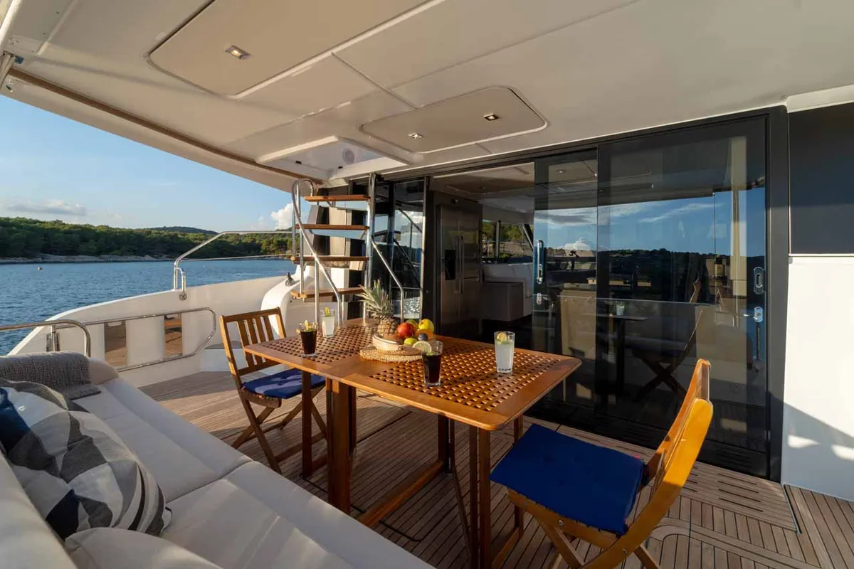Deck of Family 2.0, a Fountaine Pajot MY6 catamaran at Grad Šibenik, Croatia