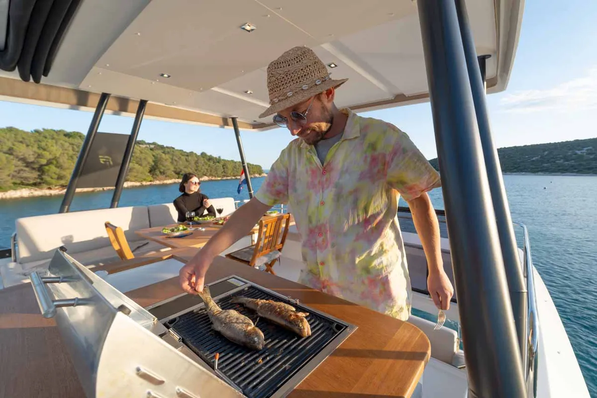 Deck of Family 2.0, a Fountaine Pajot MY6 catamaran at Grad Šibenik, Croatia