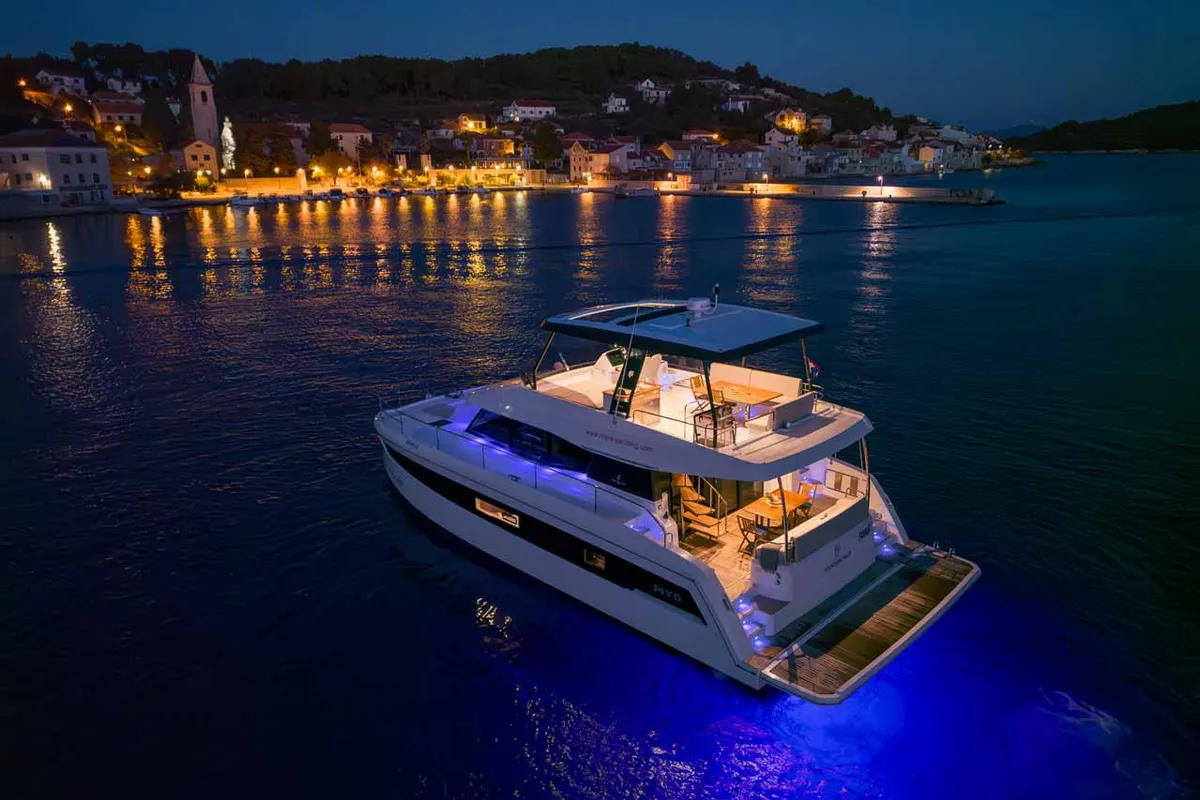 Exterior view of Family 2.0, a Fountaine Pajot MY6 catamaran at Grad Šibenik, Croatia