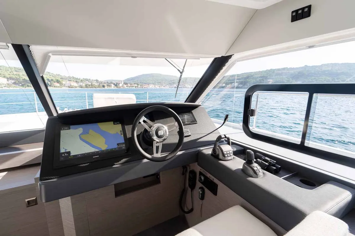Cockpit of Family 2.0, a Fountaine Pajot MY6 catamaran at Grad Šibenik, Croatia