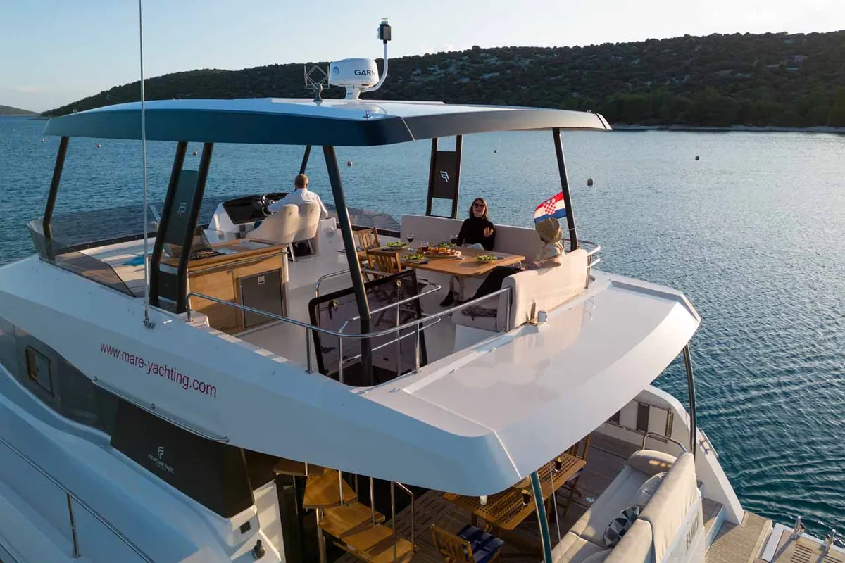 Deck of Family 2.0, a Fountaine Pajot MY6 catamaran at Grad Šibenik, Croatia