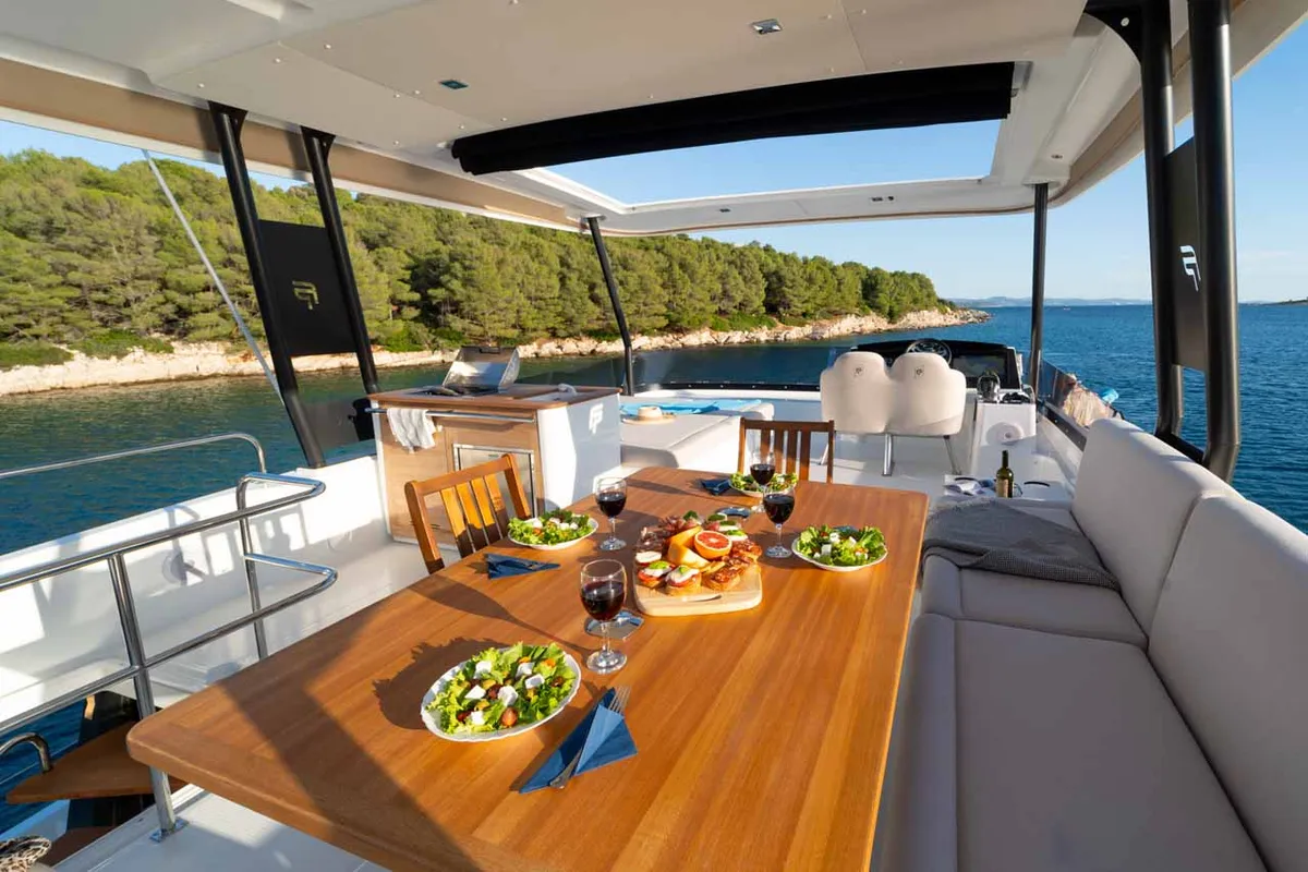 Deck of Family 2.0, a Fountaine Pajot MY6 catamaran at Grad Šibenik, Croatia