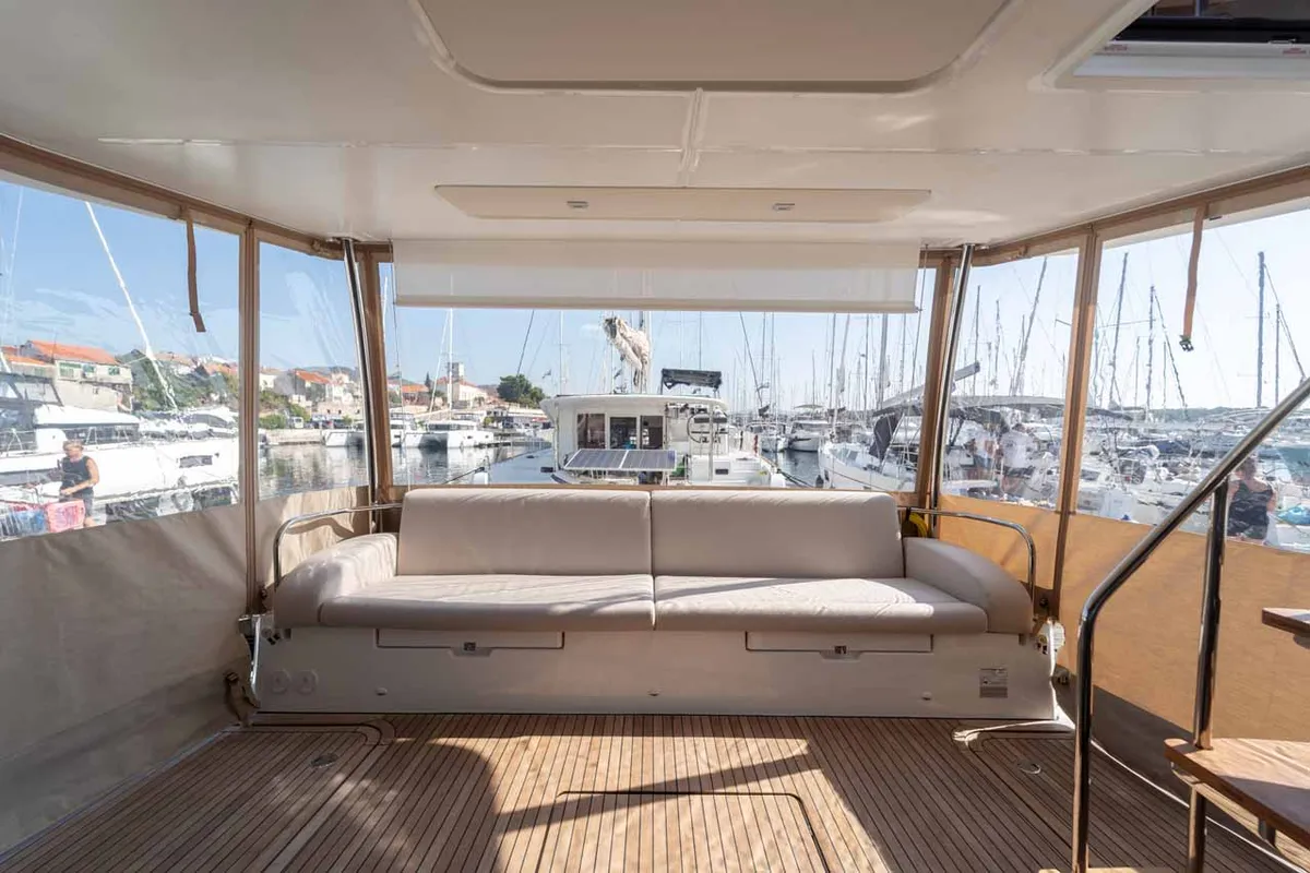 Deck of Family 2.0, a Fountaine Pajot MY6 catamaran at Grad Šibenik, Croatia