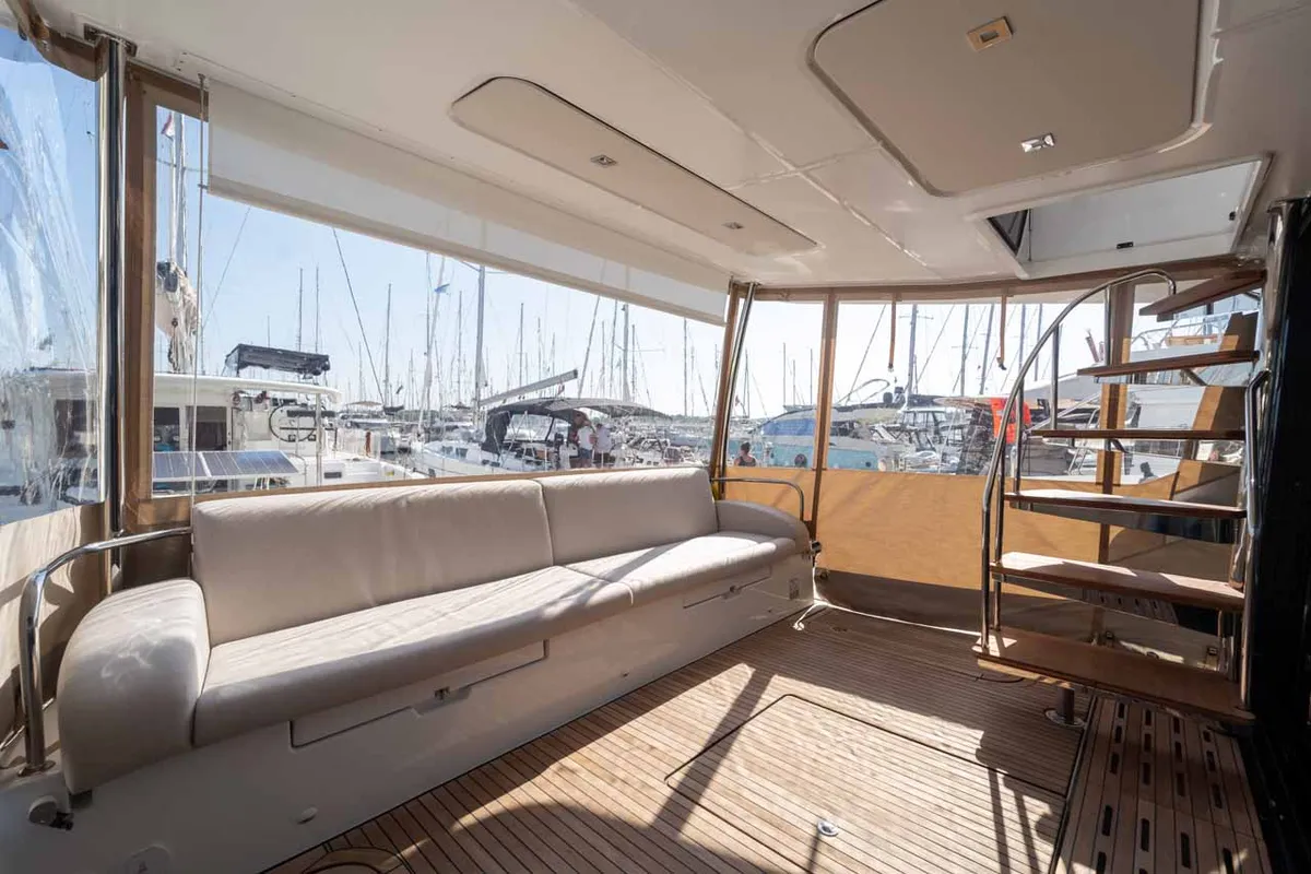Deck of Family 2.0, a Fountaine Pajot MY6 catamaran at Grad Šibenik, Croatia