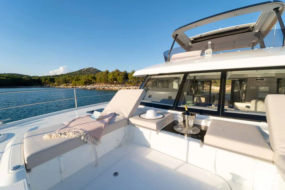 Deck of Family 2.0, a Fountaine Pajot MY6 catamaran at Grad Šibenik, Croatia