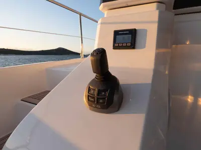 Cockpit of Family 2.0, a Fountaine Pajot MY6 catamaran at Grad Šibenik, Croatia
