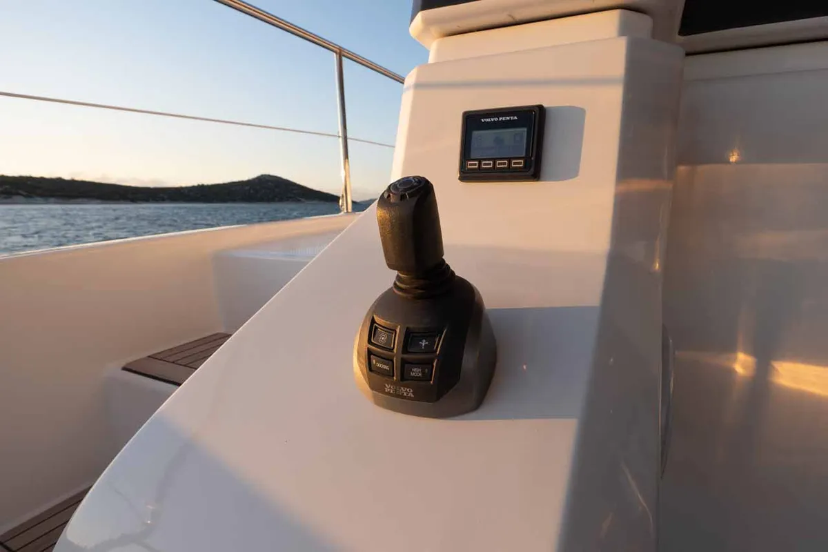 Cockpit of Family 2.0, a Fountaine Pajot MY6 catamaran at Grad Šibenik, Croatia