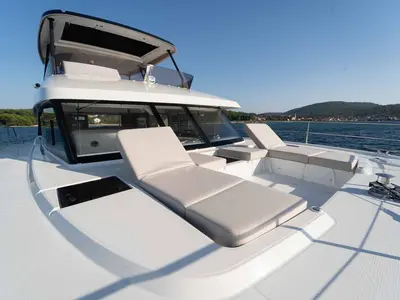 Deck of Family 2.0, a Fountaine Pajot MY6 catamaran at Grad Šibenik, Croatia