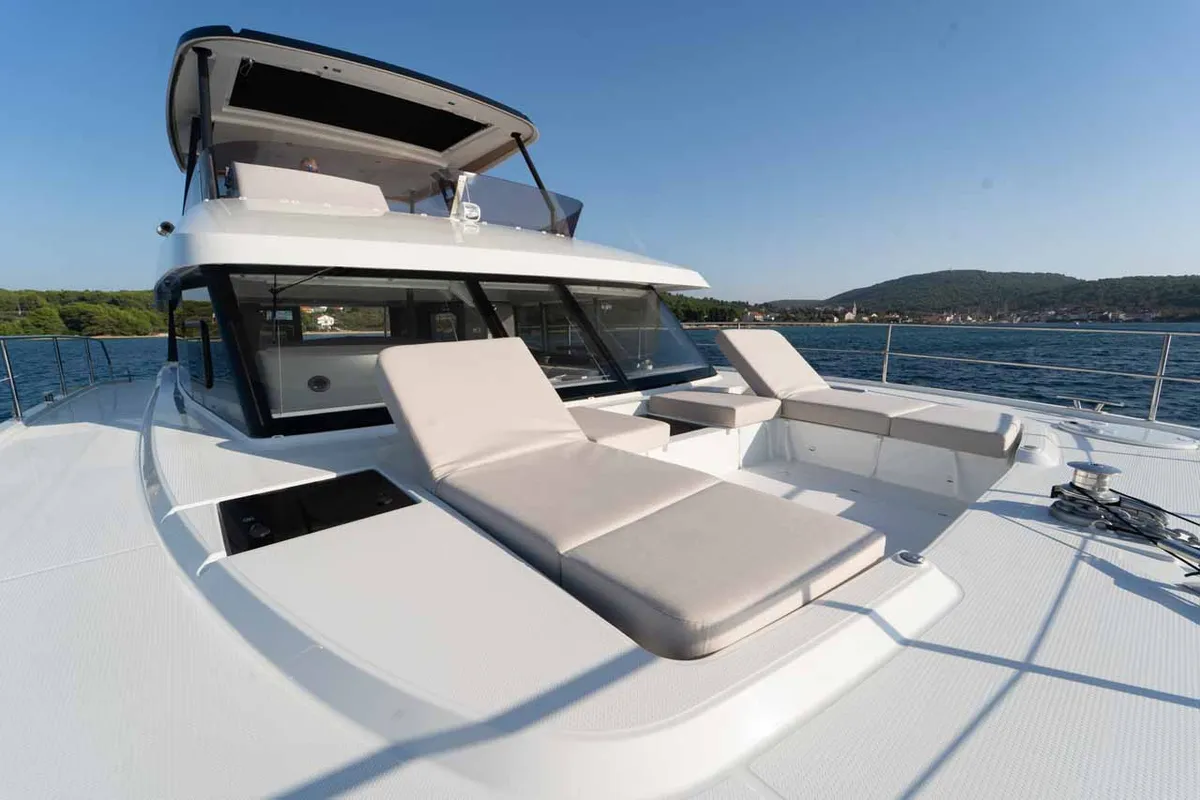 Deck of Family 2.0, a Fountaine Pajot MY6 catamaran at Grad Šibenik, Croatia