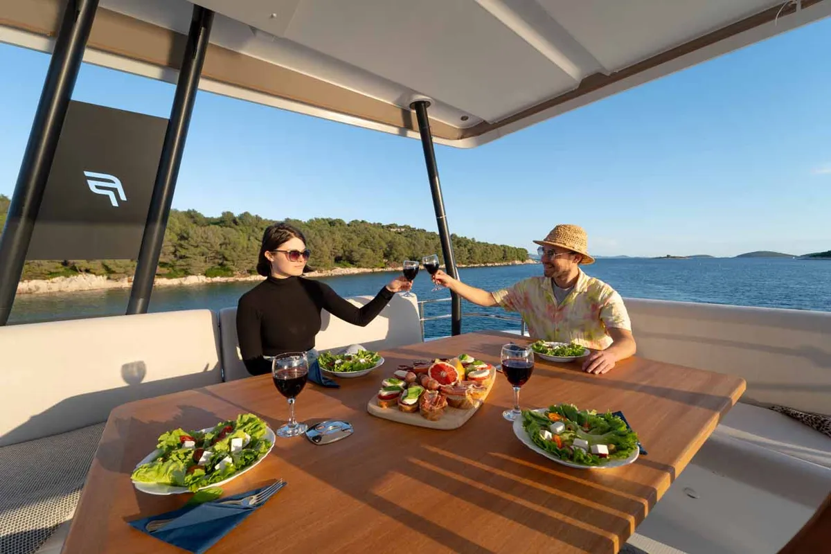 Deck of Family 2.0, a Fountaine Pajot MY6 catamaran at Grad Šibenik, Croatia