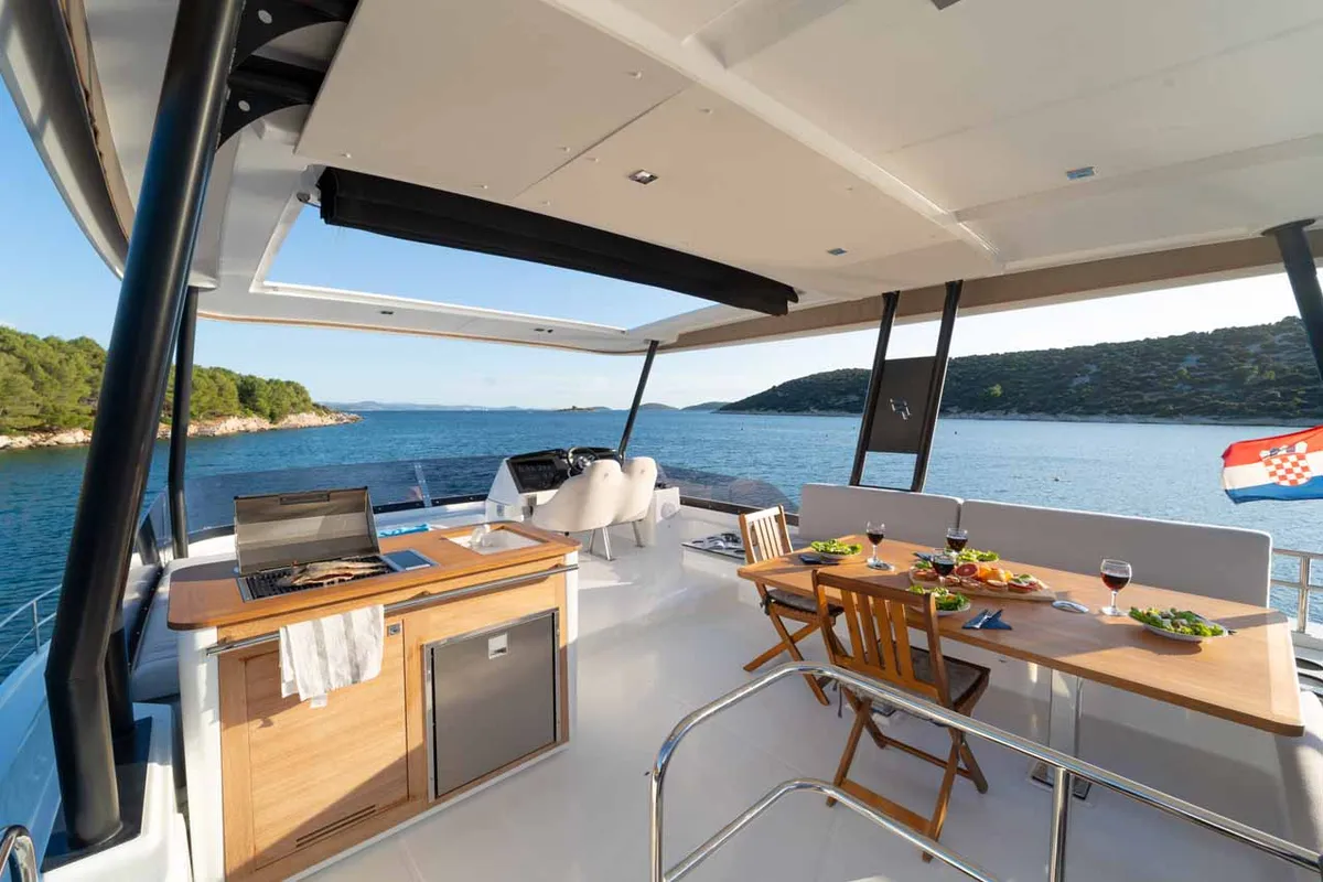 Deck of Family 2.0, a Fountaine Pajot MY6 catamaran at Grad Šibenik, Croatia