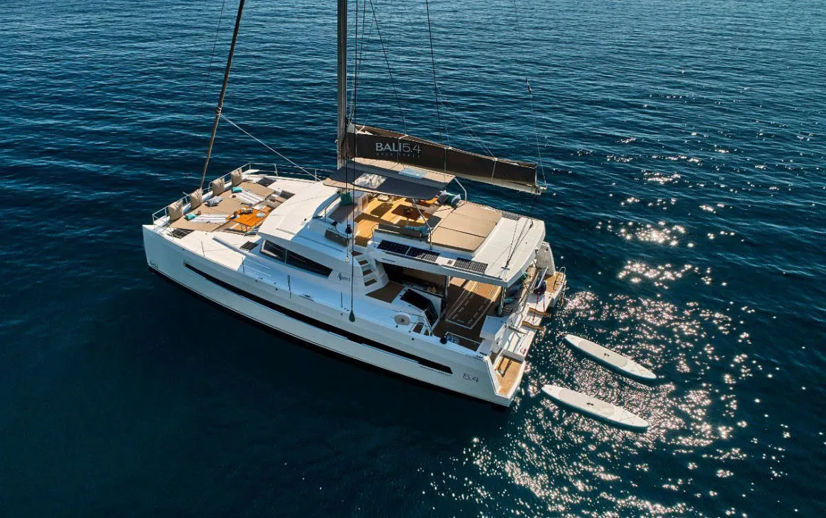 Exterior view of La Grande Bellezza, a Bali 5.4 catamaran at Figari/Golfo Aranci, Italy