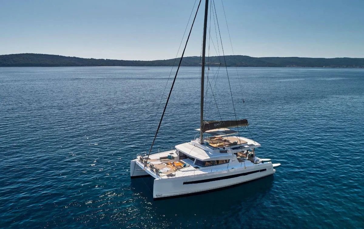 Exterior view of La Grande Bellezza, a Bali 5.4 catamaran at Figari/Golfo Aranci, Italy