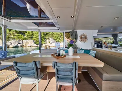 Deck of La Grande Bellezza, a Bali 5.4 catamaran at Figari/Golfo Aranci, Italy
