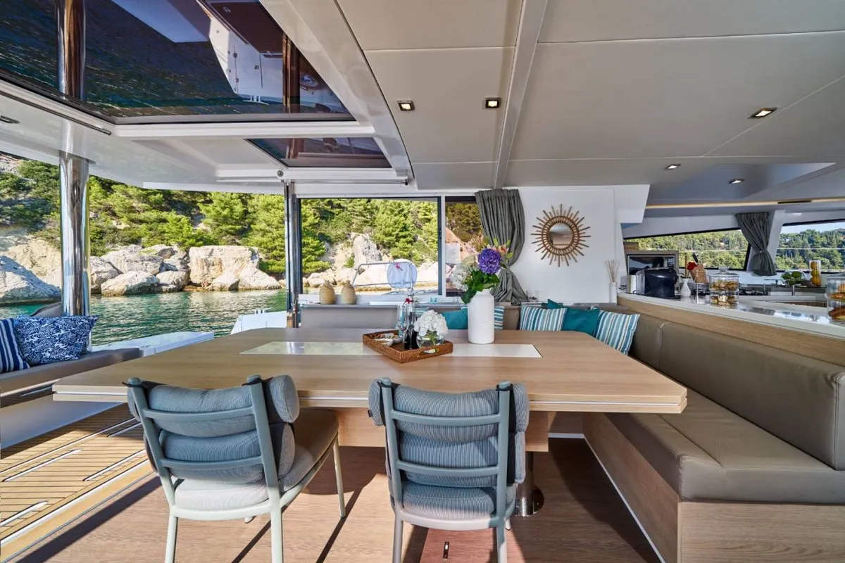 Deck of La Grande Bellezza, a Bali 5.4 catamaran at Figari/Golfo Aranci, Italy