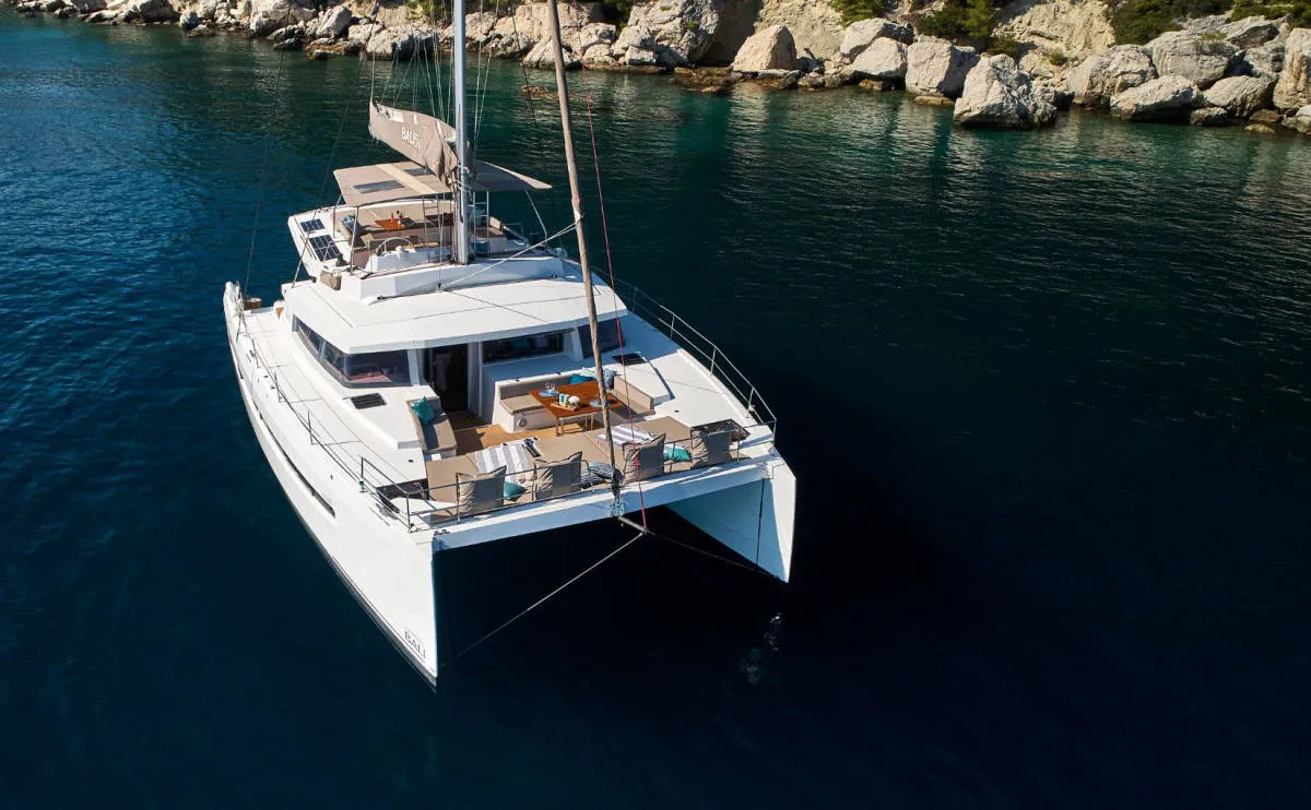 Exterior view of La Grande Bellezza, a Bali 5.4 catamaran at Figari/Golfo Aranci, Italy