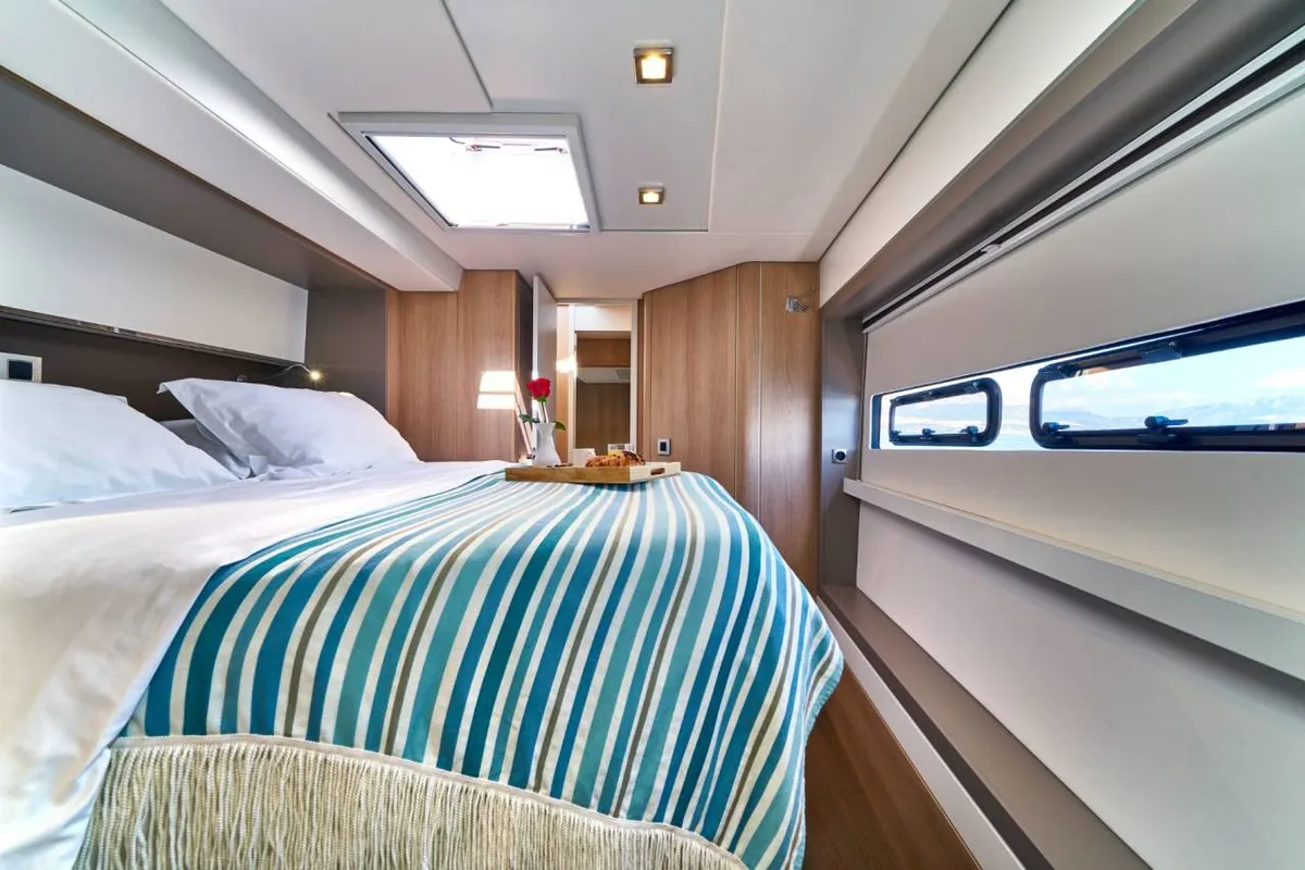 Cabin on La Grande Bellezza, a Bali 5.4 catamaran at Figari/Golfo Aranci, Italy