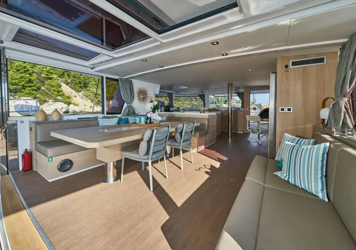 Salon of La Grande Bellezza, a Bali 5.4 catamaran at Figari/Golfo Aranci, Italy