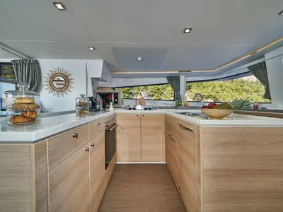 Galley of La Grande Bellezza, a Bali 5.4 catamaran at Figari/Golfo Aranci, Italy