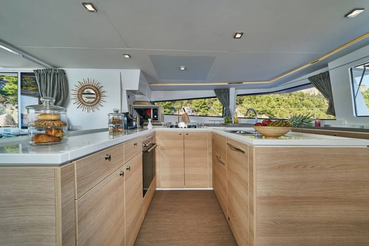 Galley of La Grande Bellezza, a Bali 5.4 catamaran at Figari/Golfo Aranci, Italy