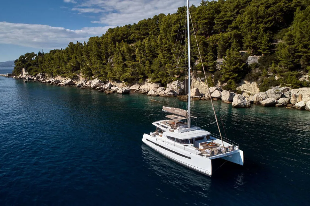 Exterior view of La Grande Bellezza, a Bali 5.4 catamaran at Figari/Golfo Aranci, Italy