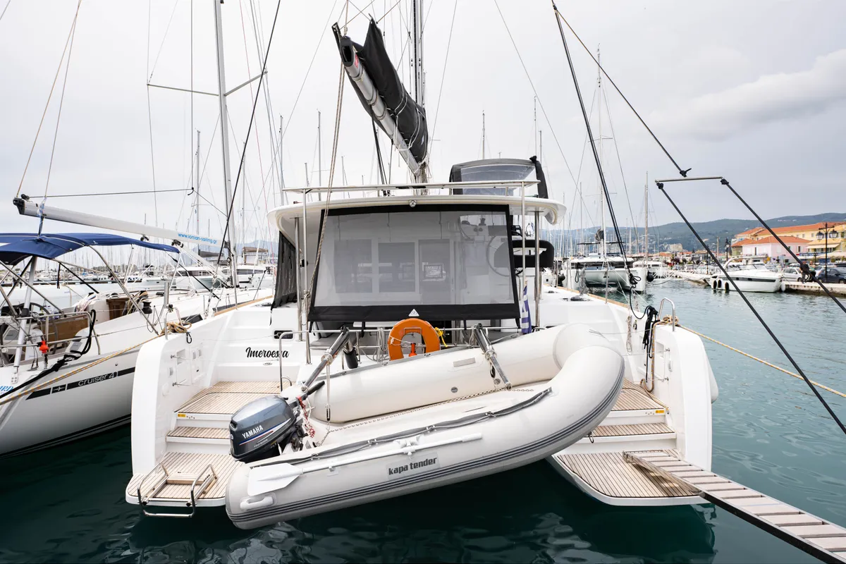 Exterior view of Imeroessa, a Lagoon 40 catamaran at Municipal Unit of Lefkada, Greece