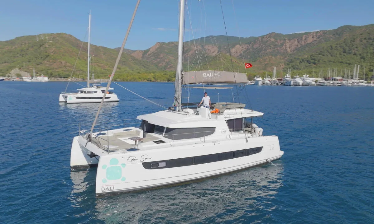 Exterior view of Ediba Senior, a Bali 4.6 catamaran at Marmaris, Turkey