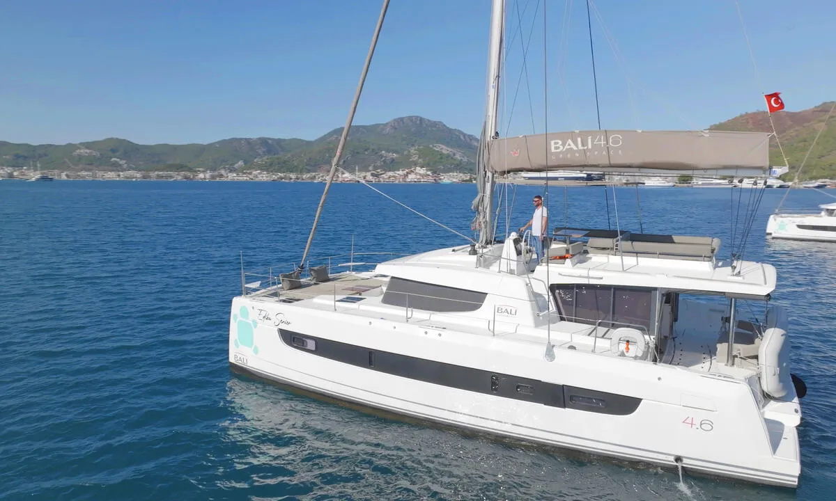 Exterior view of Ediba Senior, a Bali 4.6 catamaran at Marmaris, Turkey