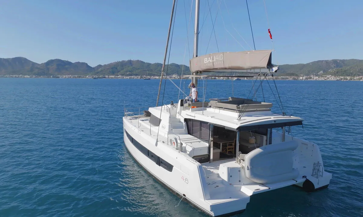 Exterior view of Ediba Senior, a Bali 4.6 catamaran at Marmaris, Turkey