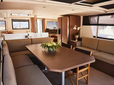 Salon of Ediba Senior, a Bali 4.6 catamaran at Marmaris, Turkey