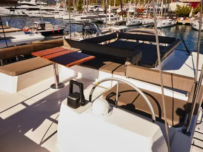 Cockpit of Ediba Senior, a Bali 4.6 catamaran at Marmaris, Turkey