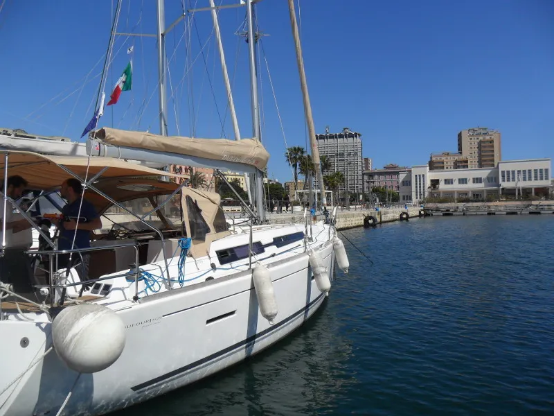 Exterior view of Chioggia Minuddaa, a Dufour 405 sailboat at Cagliari, Italy
