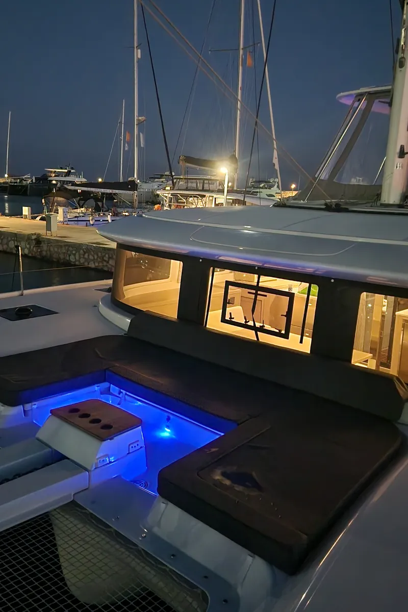 Exterior view of Perla, a Lagoon 46 catamaran at Athens, Greece