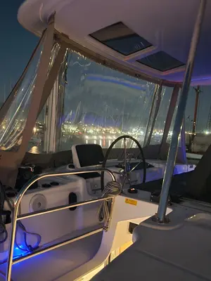 Cockpit of Perla, a Lagoon 46 catamaran at Athens, Greece